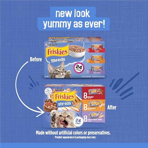 Purina Friskies Gravy Wet Cat Food Variety Pack, Shreds With Beef, With Chicken, and Turkey and Cheese Dinner - (Pack of 24) 5.5 oz. Cans