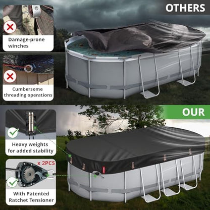 QH.HOME [2025 Upgraded Ultimate Windproof] 10x16 Ft Oval Pool Cover with Fast Tightening Patented Ratchet,Winter Pool Cover for Above Ground Pools [Durable, Tear Resistant] with Weight-Bearing Rings