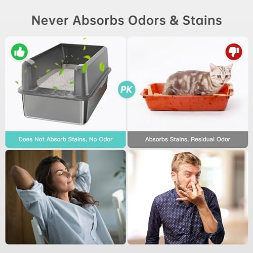 Enclosed Stainless Steel Cat Litter Box with Lid, XL Extra Large Litter Box for Big Cats, Metal Litter Pan High Sided, Never Absorbs Odors, Anti-Urine Leakage, Easy Cleaning, Include Scoop