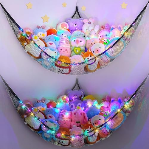 Unicorn Castle Stuffed Animals Net or Hammock Kids Toy Storage Organizer with LED Light Hanging Corner Stuffed Animals Holder Kids Girls Room Decor (Pack of 1)