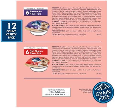 Blue Buffalo Delights Natural Adult Small Breed Wet Dog Food Variety Pack, Made with Natural Ingredients, Filet Mignon Flavor Paté & Porterhouse Flavor Paté, 3.5-oz. Cups (12 Count, 6 of Each)