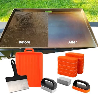 Upgraded Griddle Cleaning Kit for Blackstone 18 Pieces Flat Top Grill Accessories Cleaner Tool Set with Scraper, Heat-Resistant Silicone Spatula Mat with Hanger, Grill Brick, Scouring Pads