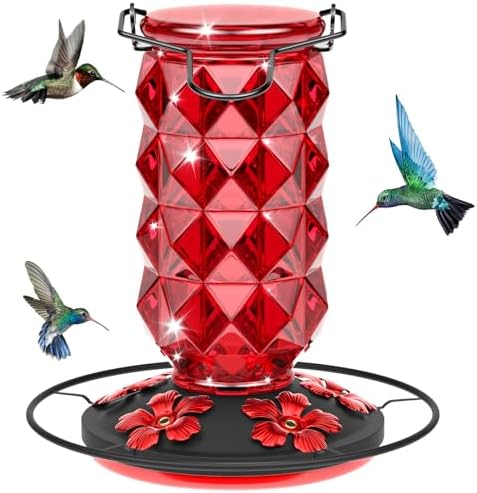 Glass Hummingbird Feeders for Outdoors Hanging, 25Oz Bird Nectar Feeder with Perch & 5 Flower Feeding Ports Leak Proof Hanging for Garden Backyard Decor, Gifts for Women Mom, Red