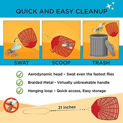 Bug & Fly Swatter – Braided Metal Handle 6 Pack Fly Swatters – Indoor/Outdoor – flyswatter (21 inch - Set of 6)