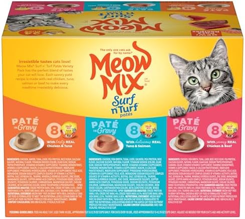 Meow Mix Paté in Gravy Wet Cat Food Variety Pack, Surf n’ Turf Patés 2.75 Ounce (Pack of 24)