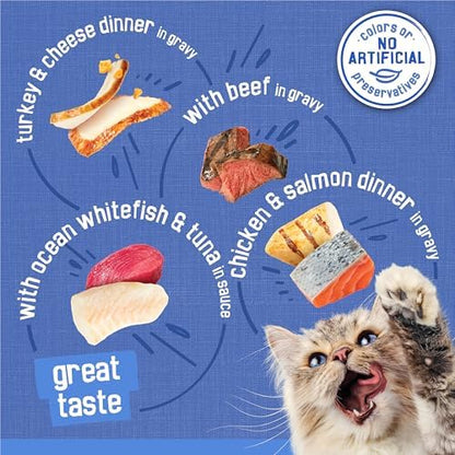 Purina Friskies Gravy Wet Cat Food Variety Pack, Savory Shreds With Beef, Turkey and Cheese Dinner, Chicken and Salmon Dinner, With Ocean Whitefish and Tuna - (Pack of 32) 5.5 oz. Cans