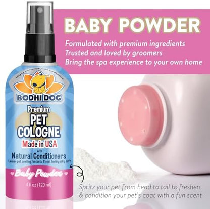 Bodhi Dog Premium Dog Cologne - Deodorizing Dog Perfume & Conditioner for Dogs & Cats - Natural Long Lasting Spray - Keeps Pets Fresh All Day - Gentle & Safe Formula, Made in USA (Baby Powder 4 Fl Oz)
