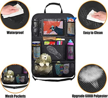 Car Backseat Organizer with 10" Table Holder, 9 Storage Pockets Seat Back Protectors Kick Mats for Kids Toddlers, Travel Accessories, 2 Pack