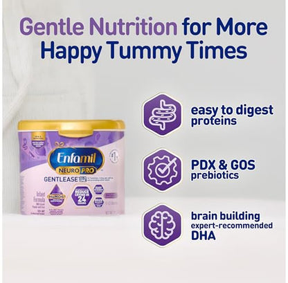 Enfamil NeuroPro Gentlease Baby Formula, Brain Building DHA, HuMO6 Immune Blend, Designed to Reduce Fussiness, Crying, Gas & Spit-up in 24 Hrs, has Prebiotics to Promote Softer Stools, Reusable Tub, 19.5 Oz