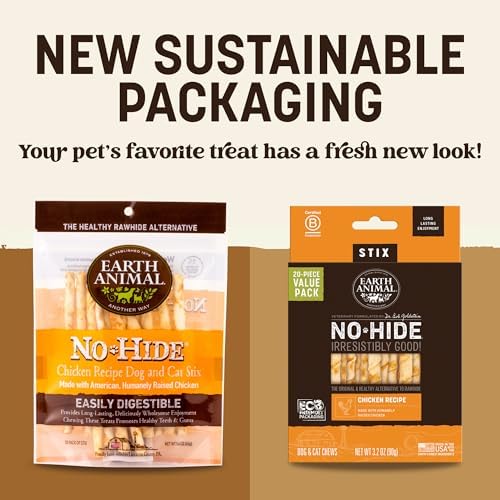 Earth Animal No Hide Stix Chicken Flavored Natural Rawhide Free Dog Chews Long Lasting Chew Sticks | Treats for Small Dogs and Cats | Great for Aggressive Chewers 4.8 Oz