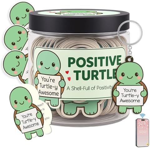 60 Positive Turtle Cards Jar Jar with NFC Keychain Turtle, Affirmation Cards For Women, Unique Birthday Gifts For Women and Men, Girl Gifts Trendy Stuff, Positive Affirmations Cards