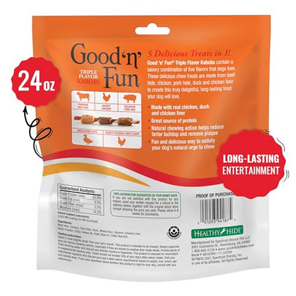 Good'n'Fun Triple Flavored Rawhide Kabobs for Dogs 36 Count (Pack of 12)