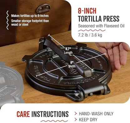 Victoria 8 Inches Cast Iron Tortilla Press, Roti Maker and Tortilladora, Pataconera Seasoned with Flaxseed Oil, Made in Colombia