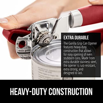 GORILLA GRIP Heavy Duty Stainless Steel Smooth Edge Manual Can Opener and Bottle Openers, Soft Comfortable Handle, Oversized Handheld Turn Knob, US Designed Multifunctional Kitchen Tool, Red
