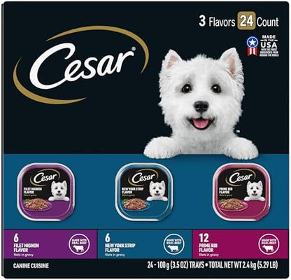 Cesar Filets in Gravy Adult Wet Dog Food, Filet Mignon, New York Strip and Prime Rib Flavors Multipack, 3.5 oz. (24 Count, Pack of 1)