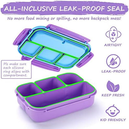 QQKO Bento Lunch Box for Kids Girls Boys, Toddler Kids Lunch Boxes for School, Lunch Containers for Adults with 4 Compartments, Sauce Container, Utensils, Food Picks and Muffin Cups, Purple