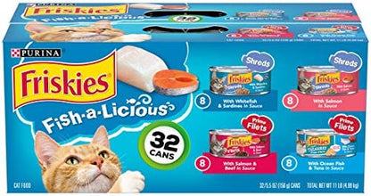 Purina Friskies Wet Cat Food Variety Pack Fish-A-Licious Extra Gravy, Prime Filets and Tasty Treasures - (Pack of 32) 5.5 oz. Cans