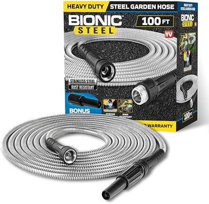BIONIC STEEL 100 Ft Metal Garden Hose with Sprayer Nozzle, Non Kinking Designed Stainless Steel Heavy Duty Water Hose 100 Ft x 5/8 in. Flexible NON Expandable for Uninterrupted Water Flow, 500 PSI