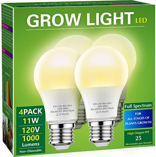 Briignite 4 Pack Grow Light Bulbs, LED White Bulb A19 Bulb, Full Spectrum Plant Bulbs E26 Base, 11W 100W Equivalent, for Indoor Plants, Seed Starting