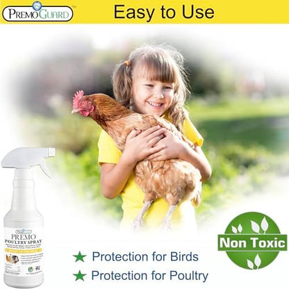 Premo Guard Poultry Spray - 32 oz - Kill Scaly Leg, Mites, Fleas, Lice, & Other Pest on Chickens and in Coops - Natural Plant Based Oils for Control, & Prevention - Family Safe with No Egg Withdrawl