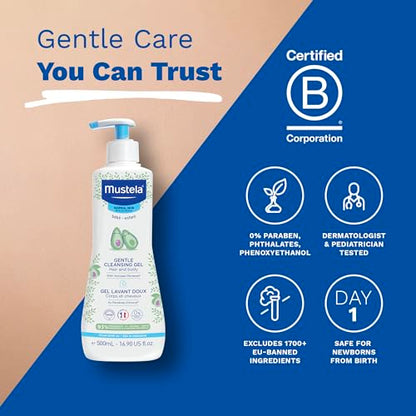 Mustela Baby Gentle Cleansing Gel - Baby Hair & Body Wash - with Natural Avocado fortified with Vitamin B5 - Biodegradable Formula & Tear-Free - 1 or 2-Pack - Various Sizes