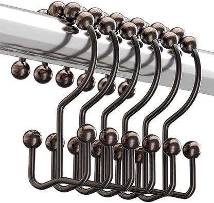 Titanker Shower Curtain Hooks Rings, Rust-Resistant Metal Double Glide Shower Hooks for Bathroom Shower Rods Curtains, Set of 12 Hooks - Bronze
