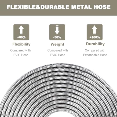 Omont Metal Garden Hose 25FT, Heavy Duty 304 Stainless Steel Water Hoses with Nozzle, Flexible Garden Hose, Lightweight, Rust Proof, No-Kink & Tangle for Yard, Outdoor, RV