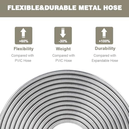 Omont Metal Garden Hose 25FT, Heavy Duty 304 Stainless Steel Water Hoses with Nozzle, Flexible Garden Hose, Lightweight, Rust Proof, No-Kink & Tangle for Yard, Outdoor, RV