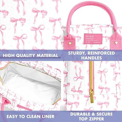 Fit & Fresh Bloomington Lunch Bag for Women - Insulated Large Lunch Box for Work with Containers, Leak-Resistant, Stain-Resistant, Zipper Closure, Pink Bows