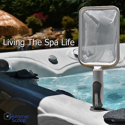 The Skimmie Scoop - Patented Handheld Skimmer with Fine Mesh Net for Spa, Hot Tub, Cold Plunge and Small Pool Cleaning - Lightweight and Durable with Powerful Suction Cup - Clean Out Filter (White)