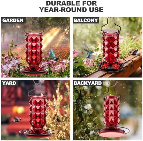 Glass Hummingbird Feeders for Outdoors Hanging, 25Oz Bird Nectar Feeder with Perch & 5 Flower Feeding Ports Leak Proof Hanging for Garden Backyard Decor, Gifts for Women Mom, Red