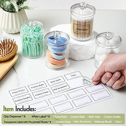 AOZITA 8 Pack Acrylic Qtip Holder Dispenser with Lids & Labels, Cotton Swab, Ball, Round Pads, Floss Picks Storage Canister - Clear Plastic Apothecary Jar for Bathroom Vanity Makeup Organizer