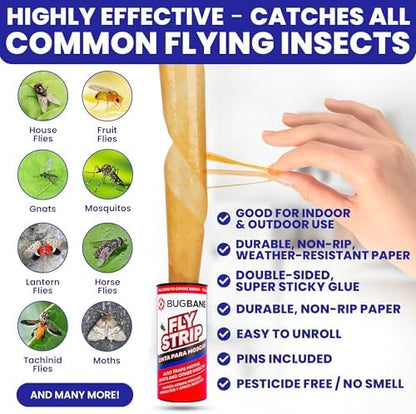 Fly Strips Indoor Sticky Hanging 24pk with Pins. Non Toxic Outdoor Fly Trap Indoor for Home. Flies Tape Paper Trap Ribbon Roll for House Gnat Fruit and Housefly. Bug Catchers for Inside Home Flypaper