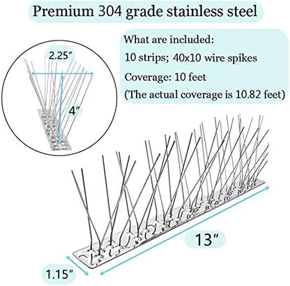 PANGCH Bird Spikes,Stainless Steel Bird Spikes Metal Bird Spikes Fence Spikes Easy to Install - 10 Strips 10.82 Feet Coverage