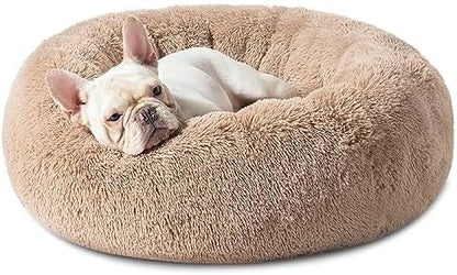 Bedsure Calming Dog Bed Medium Size Dog - Donut Washable Medium Pet Bed, 30 inches Anti-Slip Round Fluffy Plush Faux Fur Cat Bed, Fits up to 45 lbs Pets, Camel