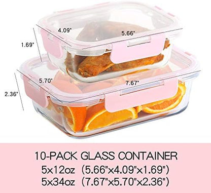 C CREST [10 Pack] Glass Meal Prep Containers, Food Storage Containers with Lids Airtight, Glass Lunch Boxes, Microwave, Oven, Freezer and Dishwasher Safe