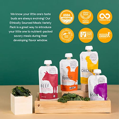 Serenity Kids 6+ Months Baby Food Pouches - Ethically Sourced Meat & Organic Veggies - High Protein Savory Baby Puree Pouches for Baby Snacks - 3.5 Oz, 8 Pack