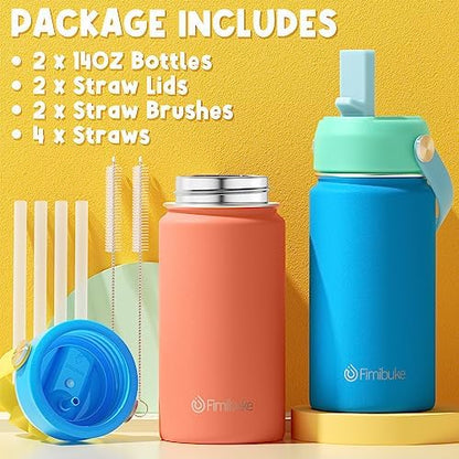 Fimibuke Kids Insulated Water Bottle - 14oz BPA-FREE 18/8 Stainless Steel Travel Tumbler Leak Proof Double Wall Vacuum Kid Cup with Straw Metal Water Bottle for School Boys Girls（2 Pack, Candy/Bubble）