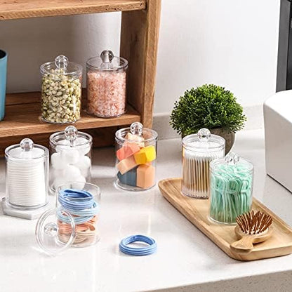 AOZITA 8 Pack Acrylic Qtip Holder Dispenser with Lids & Labels, Cotton Swab, Ball, Round Pads, Floss Picks Storage Canister - Clear Plastic Apothecary Jar for Bathroom Vanity Makeup Organizer
