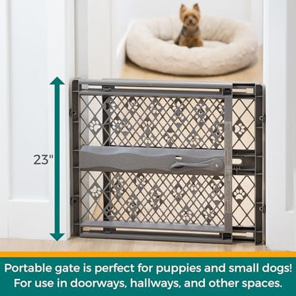 MYPET North States Paws Portable Pet Gate: 26-40" Wide. Pressure Mount. No Tools Needed. Made in USA. Dog Gate 23" Tall, Expandable, Durable Dog Gates for Doorways, Fieldstone Gray