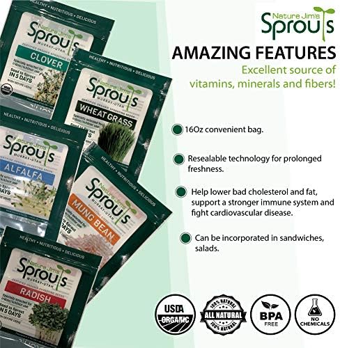 Nature Jims Sprouts Broccoli Sprout Seeds - Certified Organic for Indoor/Outdoor Use - Rich in Sulforaphane Healthy, Nutritious Broccoli Seeds Sprout in 5 Days - 8oz