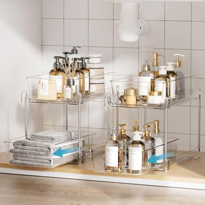 Vtopmart 4 Pack Bathroom Organizer, 2 Tier Clear Under Sink Organizers Vanity Countertop Storage Container,Cabinet Drawers Bins, Pull-Out Organization with Track for Pantry, Kitchen