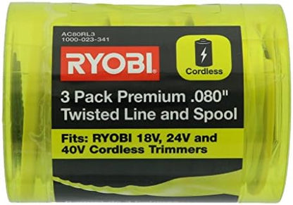Ryobi One PLUS+ AC80RL3 OEM .080 Inch Twisted Line and Spool Replacement for Ryobi 18v, 24v, and 40v Cordless Trimmers (3 Pack)