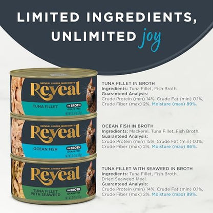 Reveal Natural Wet Canned Cat Food, Limited Ingredient, Grain-Free, Protein with No Artificial Additives, Fish Variety in Broth (12 x 2.47 oz Cans)