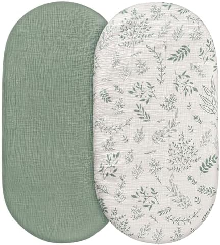 Muslin Bassinet Fitted Sheets, 2 Pack for Baby Boy and Girl, Soft Breathable Stretchy Baby Pad/Mattress Sheet Set, Universal Fit for Hourglass Oval and Rectangle Bassinet Mattress (Natural Leaves)