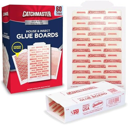 Catchmaster Pro Strength Mouse & Insect Glue Boards 60pk Traps Indoor for Home, Adhesive Bug Catcher, Rat & Rodent Sticky Trap, Non Toxic Bulk Pre-Baited Glue Traps, Pet Safe House Pest Control