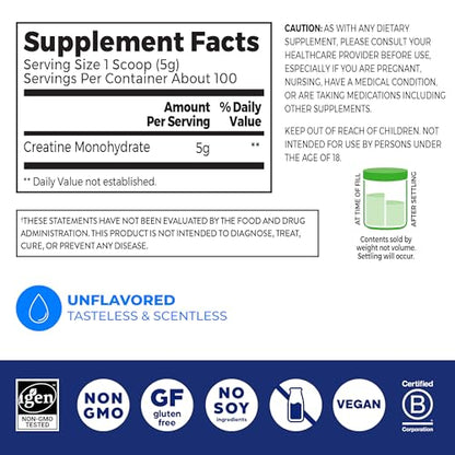 Orgain Creatine Monohydrate Micronized Powder, Unflavored, Supports Muscle Growth, Post Workout Recovery and Brain Health, No Artificial Additives, for Men & Women, 100 Servings