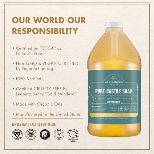 Pure Castile Soap Liquid, EWG Verified & Certified Palm Oil Free Unscented, Natural, Mild & Gentle Non-gmo & Vegan - Organic Body Wash, Laundry, Pet/Dog and Baby Soap - 64 Fl Oz