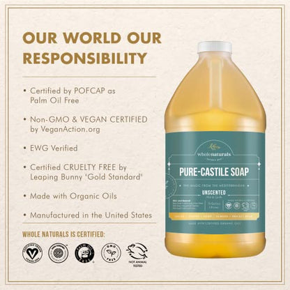 Pure Castile Soap Liquid, EWG Verified & Certified Palm Oil Free Unscented, Natural, Mild & Gentle Non-gmo & Vegan - Organic Body Wash, Laundry, Pet/Dog and Baby Soap - 64 Fl Oz