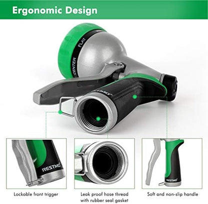 RESTMO Garden Hose Nozzle, Heavy Duty Metal Water Hose Nozzle with 7 Adjustable Spray Patterns, High Pressure Hand Sprayer with Flow Control for Watering Plants & Lawns, Washing Cars & Pets
